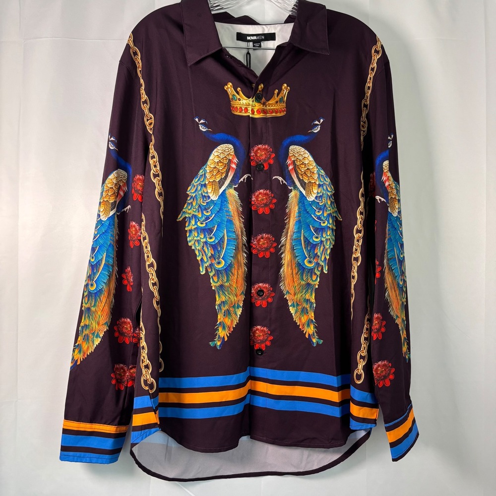 NWT Fashion‎ Nova Novamen Men's Peacock Chain Long Sleeve Woven Button Shirt XL